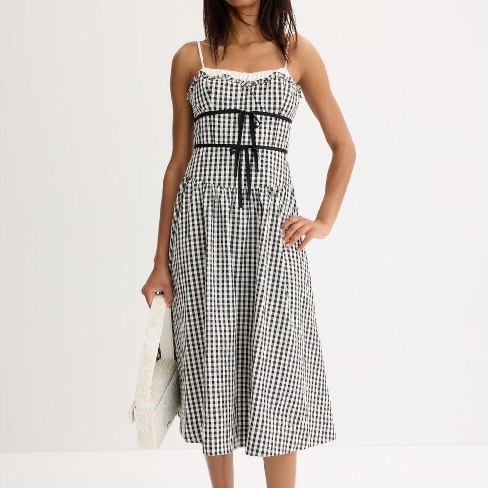 For Love and Lemons Gingham Midi Dress Black White Bow Tie Size S